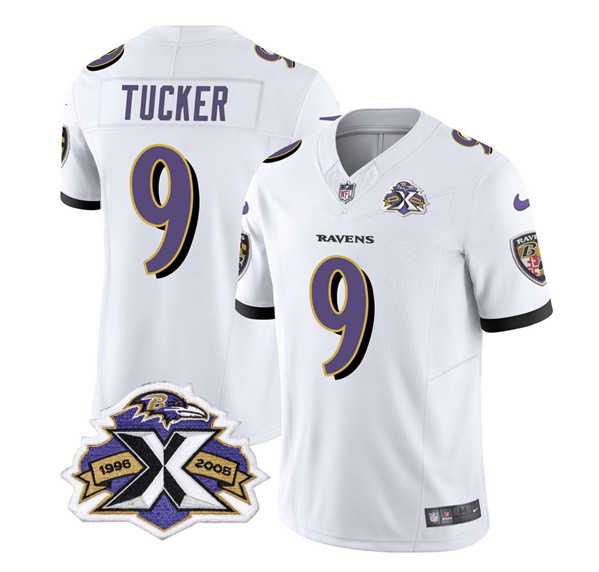 Men & Women & Youth Baltimore Ravens #9 Justin Tucker White 2023 F.U.S.E With Patch Throwback Vapor Limited Stitched Jersey